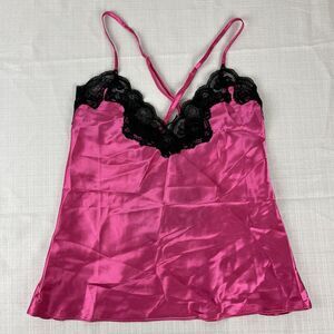 Frederick's of Hollywood Cami Top‎ Womens Small Lace Up Back Pink Black Lace